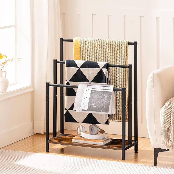 HOOBRO Free Standing Towel Rack, 3 Tier Blanket Rack, Blanket Holder for Bathroom, 23.6" L x 11" W x 31.9" H, Industrial Meta