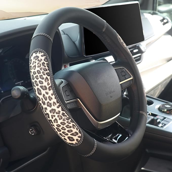 KAFEEK Microfiber Leather Leopard Steering Wheel Cover, Spliced Patchwork Design for Comfort Grip, Universal 15 inch, Breatha