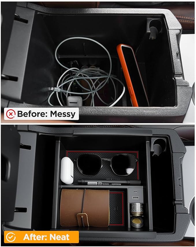 CarQiWireless Center Console Organizer Tray for Toyota 4Runner 2010-2020 2021 2022 2023 2024 5th Gen 4 Runner Accessories with USB Port Insert Armrest Box Secondary Storage Coin Change Holder Black