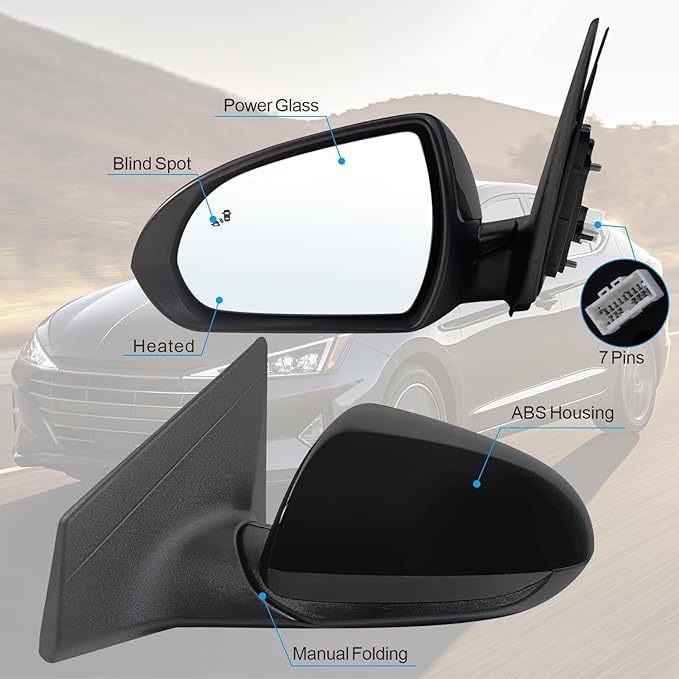 Left Driver Side Mirror Compatible With 2017 2018 2019 2020 Hyundai Elantra With Power Glass Heated Blind Spot Black Replace#87610F3020 (7Pins)