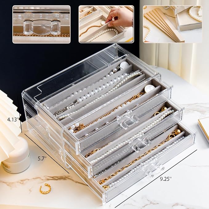 YUFONG Necklace Holder Organizer, Dustproof Necklace Box Velvet Necklace Organizer Box with Lid Clear Acrylic Dustproof Stack