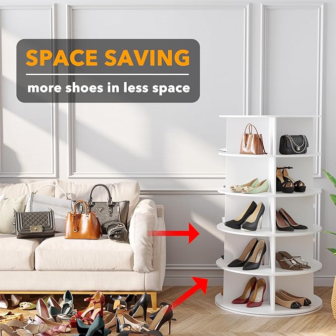 SpaceAid 5 Tier Rotating Shoe Rack Tower, Spinning Shoe Display Lazy Susan, Revolving 360 Shoe Rack Storage Round Carousel, V