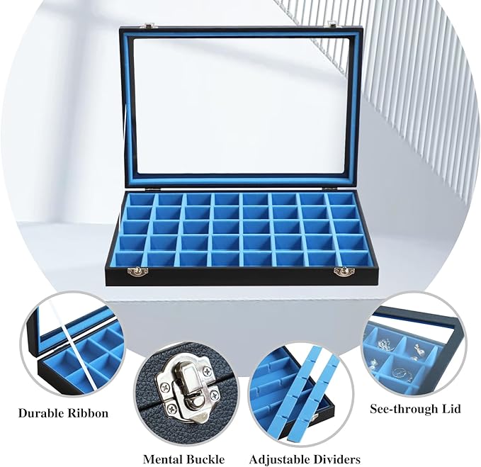Stratalife Jewelry Organizer 40 Grid Blue Black Jewelry Tray with Clear Dust-proof Lid Velvet Earring Organizer Necklace Ring