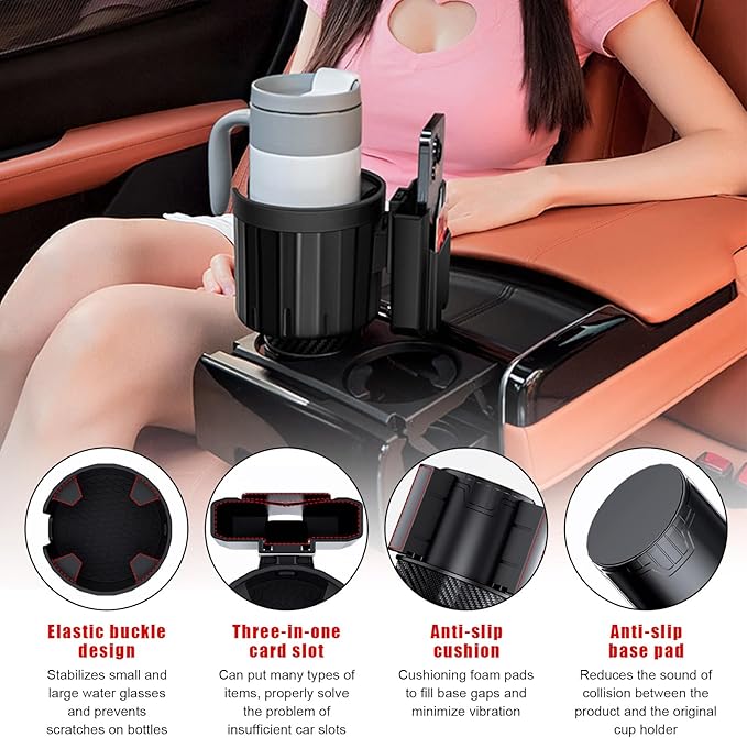 Car Cup Holder Expander Adapter, Adjustable 3 in 1 Cup Holder Expander with Phone Holder & Card Organizer, Fits Less Than 4.1