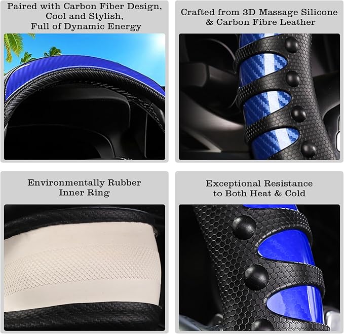 Car Leather Steering Wheel Cover - Carbon Fibre Material, Universal 14.5-15 Inch Leather Anti-Slip Breathable Auto Steering W