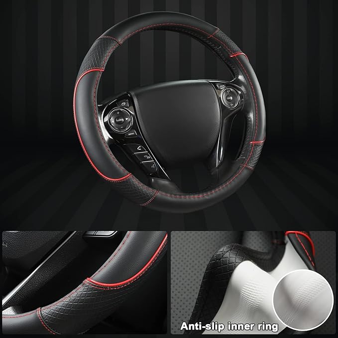 GIANT PANDA Steering Wheel Cover for Honda Civic(2006-2015),CR-Z, Insight, S2000 (Black+Red Line-Small Size)