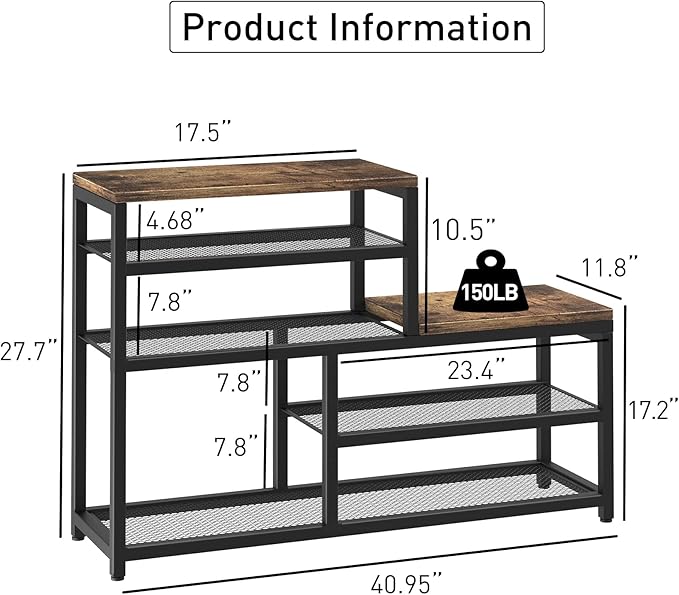Shoe Rack Bench Shoe Storage Organizer with Seat, 5-Tier Industrial Free Standing Shoe Rack for Entryway, Narrow Shoe Rack Or