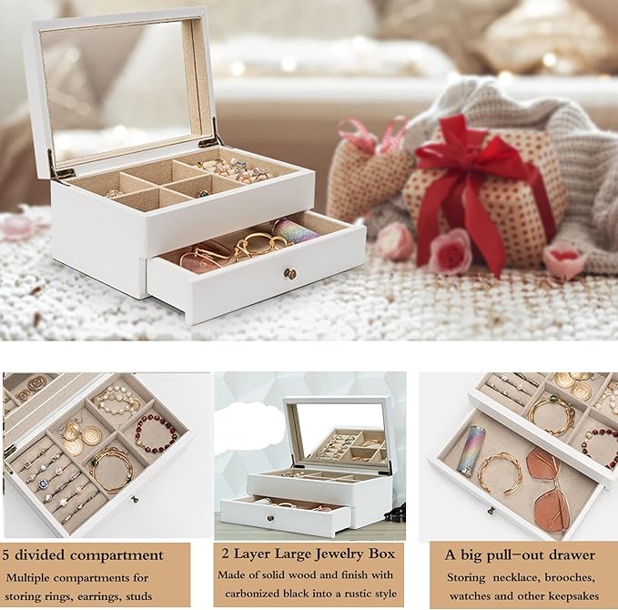 Meangood Jewelry Box Organizer for Women, 2 Layer Large Jewelry Storage Case, Rustic Wooden Jewelry Box with Mirror & Ring Tr