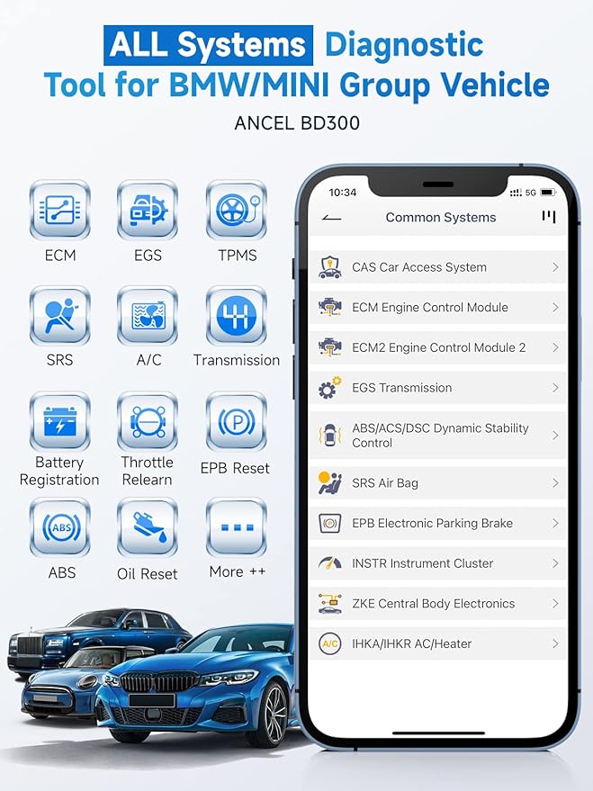 ANCEL BD300 BMW Bluetooth OBD2 Scanner, Full System Code Reader and Diagnostic Tool for BMW with Battery Registration Service