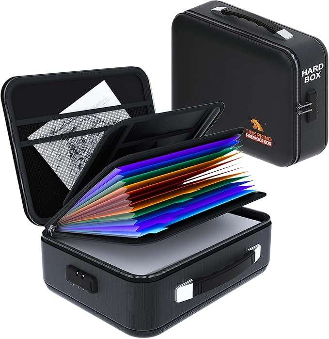 TIGERKING Fire Proof Document Safe Box with Lock and Handle – Fireproof Document Box Organizer with Hard Shell, Portable Fire