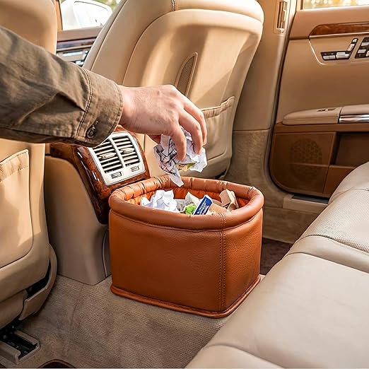 Leather Car Trash Can, Luxury Car Organizer, Leakproof Garbage Can for Car and Trucks, Brown