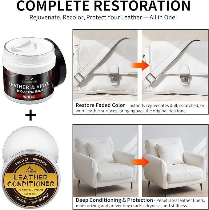 Leather Recoloring Balm with 100ml Mink Oil, White Leather Repair Kit and Scratch Remover for Furniture, Car Seats, Sofas, Dy