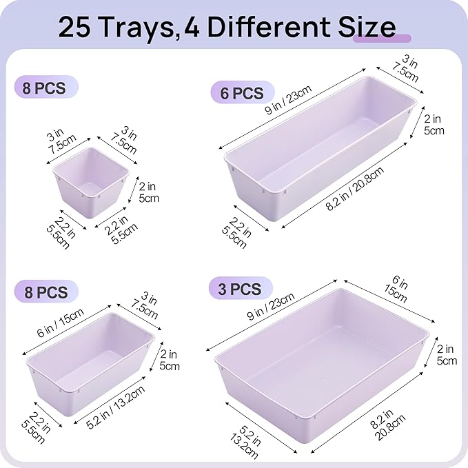 Vtopmart 25 PCS Plastic Drawer Organizers Set, 4-Size Versatile Bathroom and Vanity Drawer Organizer Trays, Storage Bins for 