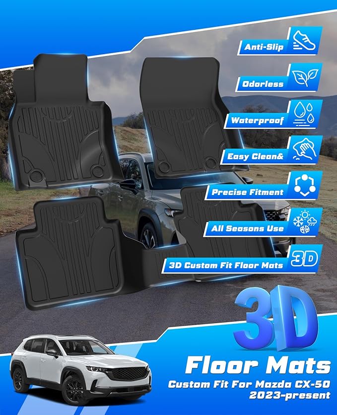 Sunsdrew Floor Mats for 2023-2025 2026 Mazda CX-50 (Not for Hybrid), All Weather Car Mats Front Rear 2 Rows Floor Liners CX50 Accessories TPE Rubber Raised Edge