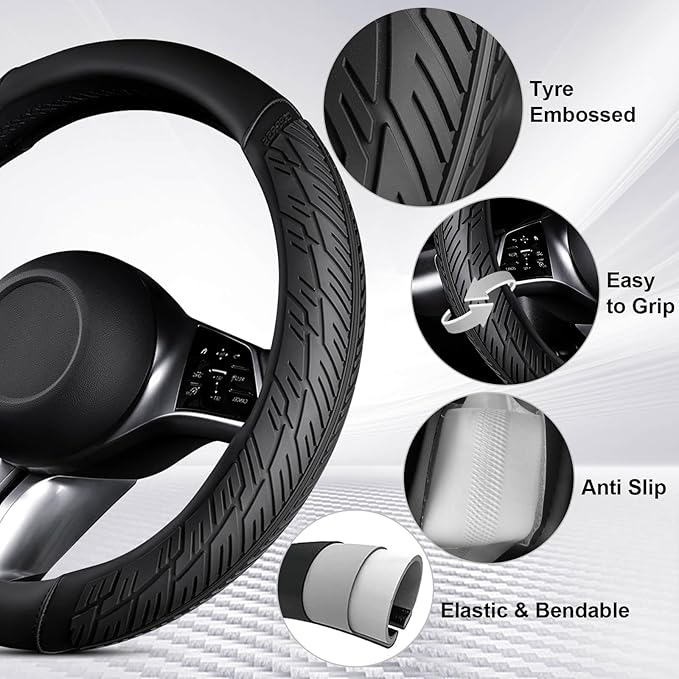CAR PASS Leather Rubber Steering Wheel Covers Set,Heavy Duty Steering Wheel Covers&Mobile Phone Holder, Tire Tread Pattern Design,Non-Slip Wear-Resistant,Suitable for Steering Wheel 14 1/2”-15”Black