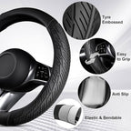 CAR PASS Leather Rubber Steering Wheel Covers Set,Heavy Duty Steering Wheel Covers&Mobile Phone Holder, Tire Tread Pattern Design,Non-Slip Wear-Resistant,Suitable for Steering Wheel 14 1/2”-15”Black