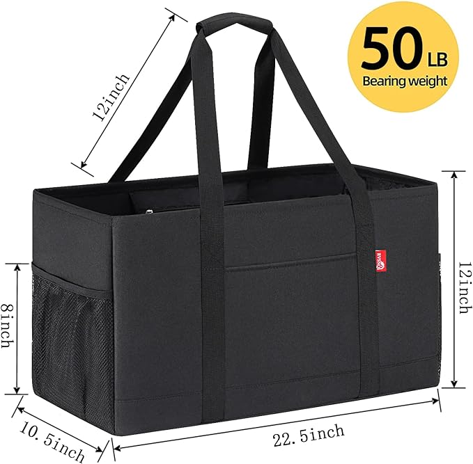 Extra Large Utility Tote Bag, Foldable Reusable Grocery Bags, Collapsible Tote with Metal Wire Frame & Reinforced Bottom Board, Stand up Large Utility Tote for Groceries, Shopping, Storage
