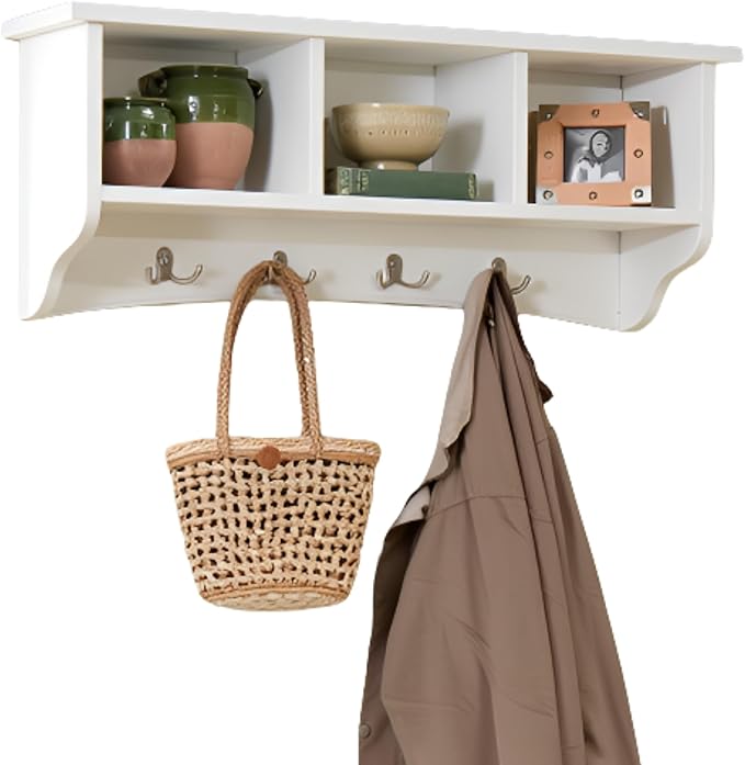 Shaker Cottage 36-Inch Wall-Mounted Coat Rack with 3 Open Shelves – Transitional Entryway Organizer, Mudroom Storage Shelf wi