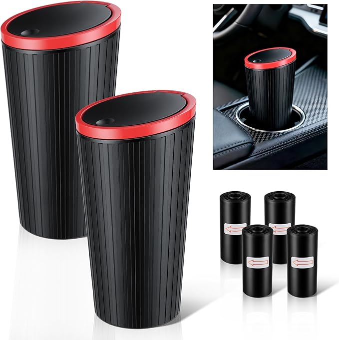 SINGARO 2PCS Car Trash Can with Lid, Leakproof Mini Garbage Bin for Car Cup Holder, Small Trash Can for Vehicle, Home & Office - Includes 60 Bags, Easy Clean (Black-Red)
