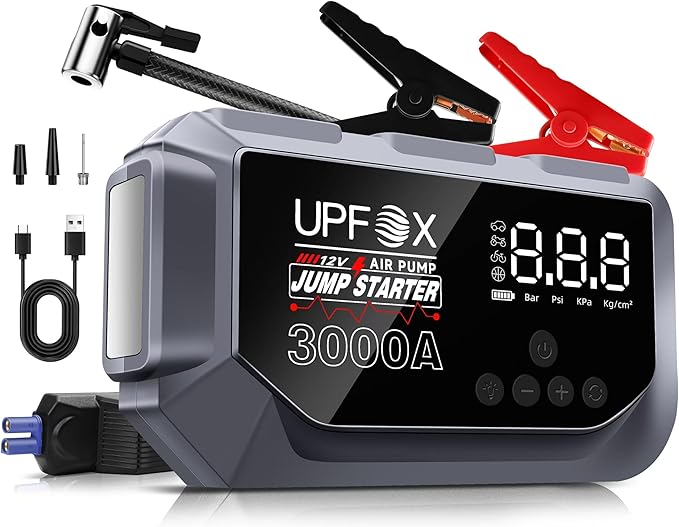 3000A Jump Starter with Air Compressor 12V, 44.4Wh Portable Car Jump Starter for 8.0L Gas & 6.0L Diesel Engines, 150PSI Tire