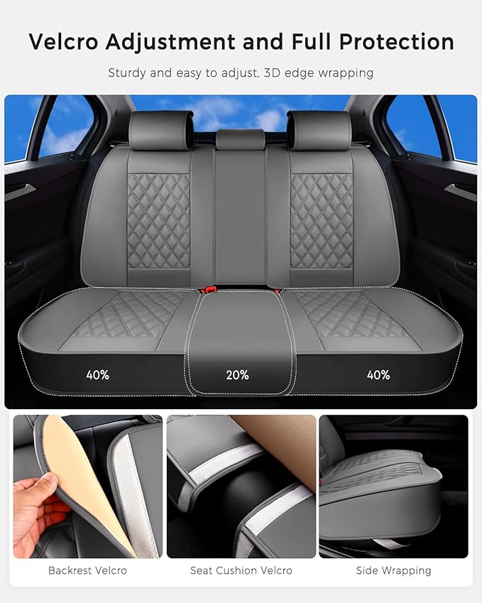 Huidasource Gray Back Seat Cover, Rear Split Bench Leather Rear Seat Cover, Adjustable Back Seat Car Cover with Non-Slip, Uni
