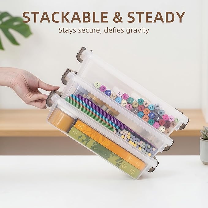 Citylife 3 PCS Plastic Storage Bins with Latching Lids Portable Project Case Clear File Box Stackable Storage Containers for 
