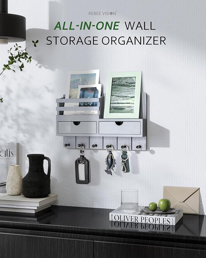 Rebee Vision Decorative Key Holder Wall Mount for Aesthetic Room Decor - Stylish Mail Holder for Wall with 2 Drawer Organizer