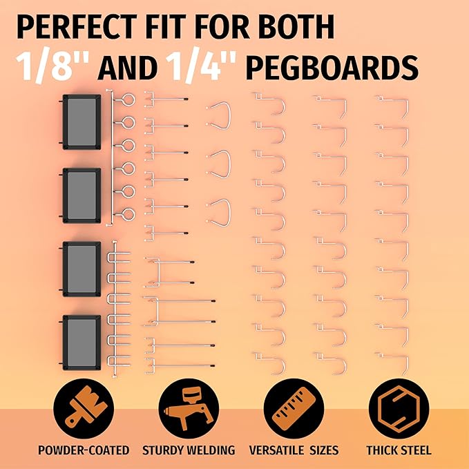HUHOLE 49 Piece Pegboard Hooks Assortment Kit with Pegboard Bins Garage Tool Organizer Set Fits 1/8 and 1/4 Inch Peg Board Ac