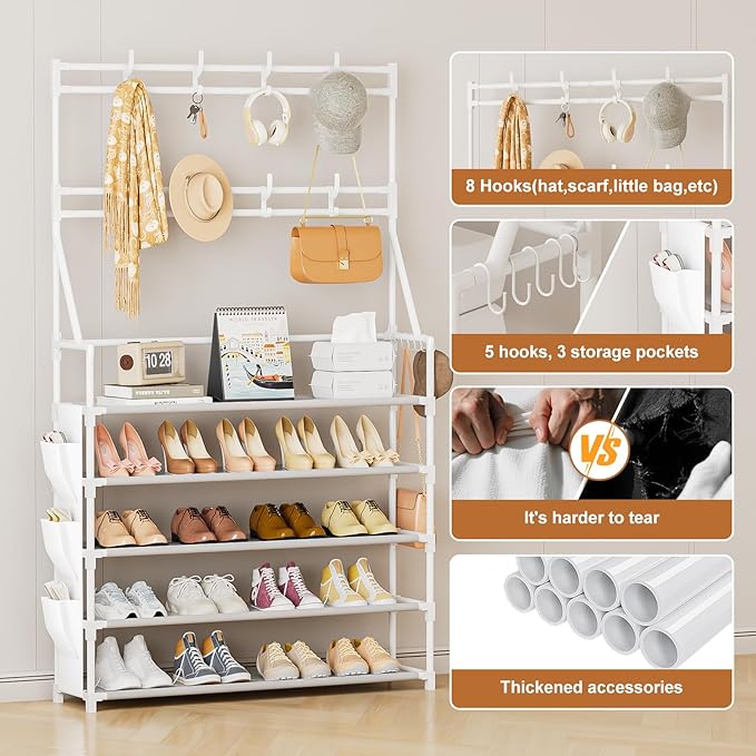 OYREL Shoe Rack 5 Tier Shoe Racks Organizer 20-25 Pairs Shoes Rack for Closet Entrance Shoe Storage Shelf with Hooks and Side
