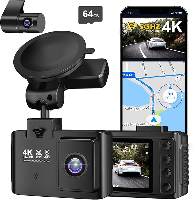 Dash Cam Front and Rear: 4K+2.5K Dual Channel Dash Cam-5GHz WiFi, GPS Dash Camera for Cars with 64GB Card, 2.0" IPS Screen, A