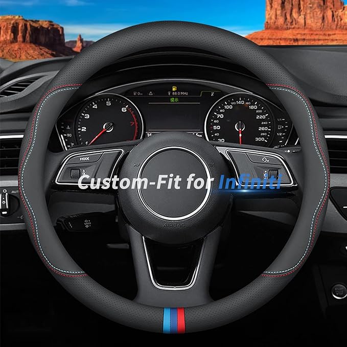 Custom-Fit for Infiniti Steering Wheel Cover, Premium Leather Car Steering Wheel Cover with Logo, Non-Slip, Breathable, for Infiniti Accessories (C-Style,for Infiniti)