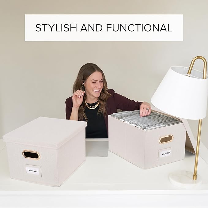 ZICOTO Decorative File Organizer Box Set of 2 - Collapsible Linen Filing Cabinets w/Handles Are Perfect to Store all Your Doc