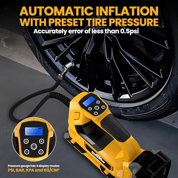Cordless Tire Inflator Air Compressor for DeWalt 20V Max Battery, 150PSI Portable LED Light Handheld Air Pump with Digital Pressure Gauge for Cars Motorcycles Bikes Sport Balls(Battery Not Included)