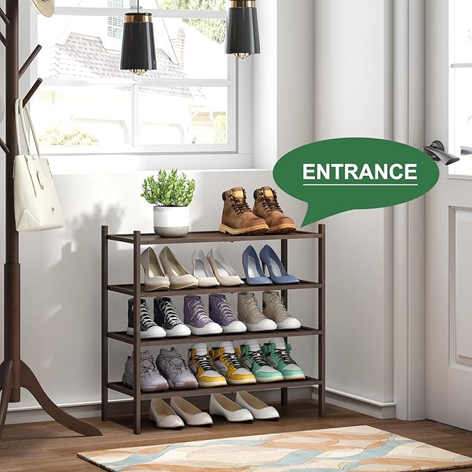 kiplant Shoe Rack for Entryway, Bamboo Wood Shoe Rack 4-Tier, Stackable Shoe Organizer for Closet, Free Standing Shoe Racks f