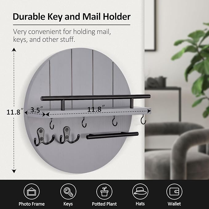 Nekon Key Holder Wall Mount, 11.8 Inch Key Rack with Shelf and 6 Key Hooks, Rustic Key and Mail Organizer, Circular Wooden Ke