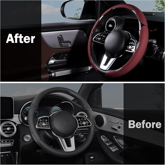 Car Steering Wheel Cover Leather Snap On 3Pcs Set Non-Slip Protector Wrap Steering Wheel Accessories 14.5-15 inch Universal W