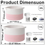 115L Extra Large Pink Woven Cotton Rope Basket with Handles, Kids Nursery Laundry Hamper for Toys, Blankets, Pillows & Comfor