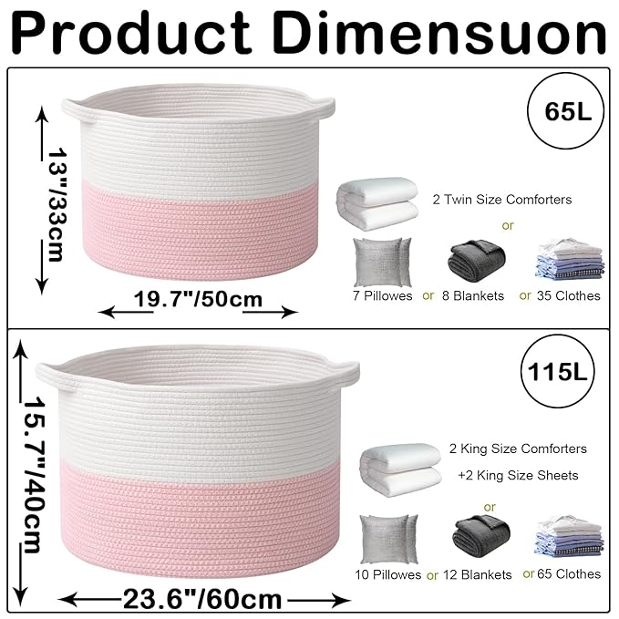 65L Large Pink Woven Cotton Rope Basket with Handles, Kids Nursery Laundry Hamper for Toys, Blankets, Pillows & Comforters, C