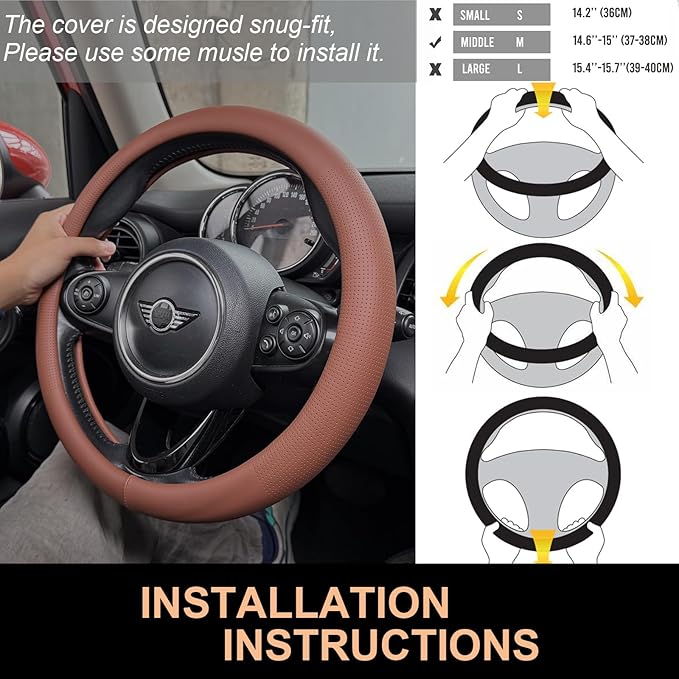 PINCTROT Nappa Leather Steering Wheel Cover, Slim Fit No Bulk Design, One Piece Leather with Breathable Perforation, Fit Like