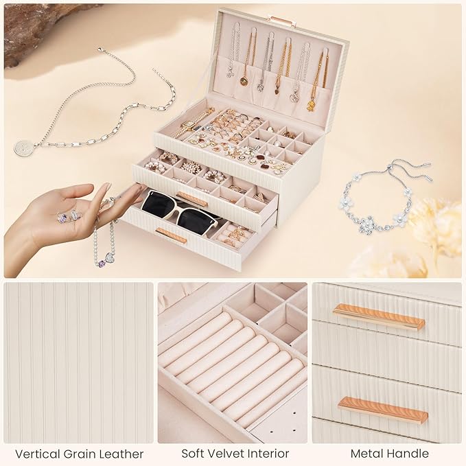 Dajasan Jewelry Box Organizer, 3-Tier Jewelry Storage Organizer with 2 Drawers, Large Jewelry Boxes for Women, PU Leather Sur