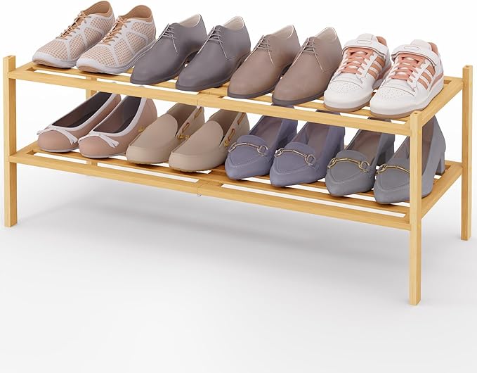 Smiry Long Bamboo Shoe Rack 2-Tier, Stackable Wooden Shoe Organizer for Entryway & Closet, Free Standing Wood Shoe Storage Sh
