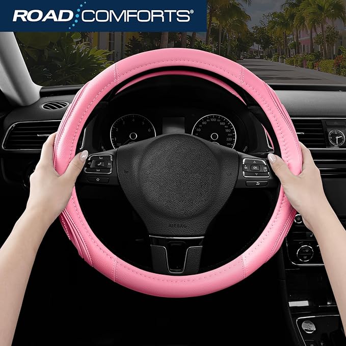 Road Comforts Car Steering Wheel Cover - Microfiber Leather Steering Wheel Wrap Sports 14.5-15 Inch Steering Wheel Cover Non-