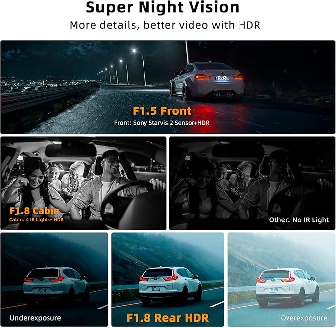 Real 4K 3 Channel Dash Cam Front and Rear Inside, STARVIS 2 HDR Sensor, 5.8GHz Wi-Fi GPS G-Sensor, 4K+1080P+1080P Dash Cam, 6
