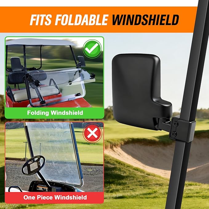 Golf Cart Mirrors, No Drilling Golf Cart Side Mirrors for Club Car EZGO YAMAHA and Others Square Tube Carts Roof Bracket(0.75/1/1.25 inch), Durable Anti-Shudder, 180 Degree Rotation