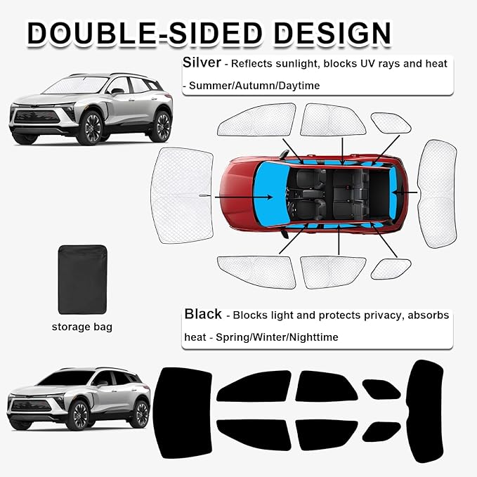 KMF 8pcs Thicken Sun Shades for Chevy Blazer EV 2024 2025 2026 Accessories,Full Car Window Covers Sunshade for Windshield Side Rear, UV Block and Blackout Privacy for Car Camping Outdoor