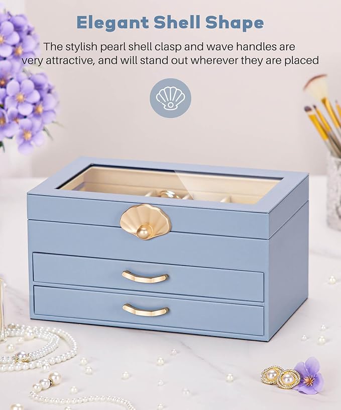 Enthralite Jewelry Box with 2 Drawers: Jewelry Display Organizer for Earrings Necklaces - Gifts for Girls Women (Grey Blue)
