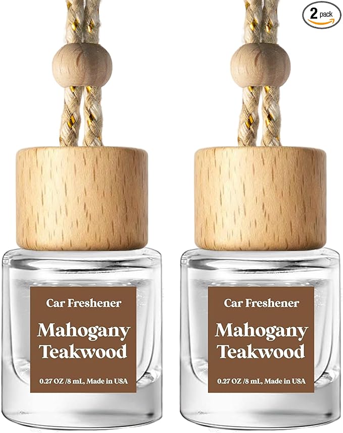 C Classy Car Air Freshener Hanging 2 Pack, Mahogany Teakwood Essential Oil Diffuser for Cars, Cute Glass Bottle Car Accessori