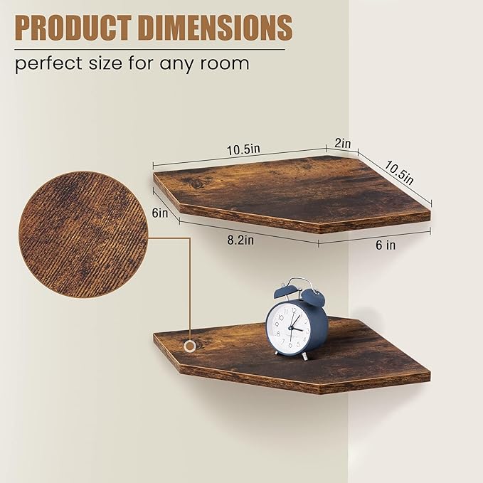 Fun Memories Corner Shelf Wall Mount, Floating Corner Shelves, Set of 2 Corner Wall Shelf Organizer, Rustic Wood Wall Storage