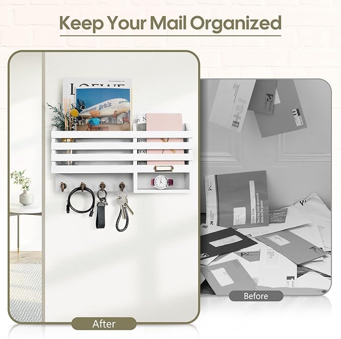 FifthQuarter Key Holder for Wall: Easy Mounted Key Rack and Mail Organizer with Store Shelf and Four Sturdy Keys Hooks Decor 