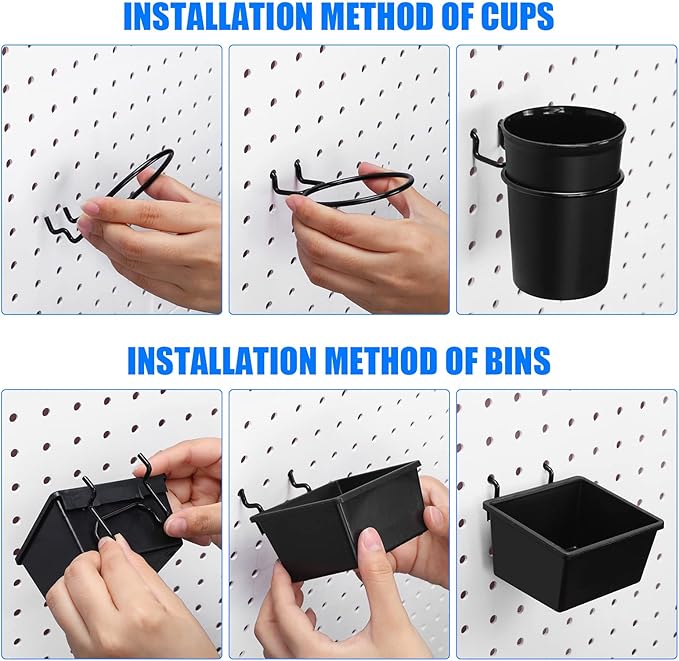 Sieral 64 Pieces Pegboard Bins Pegboard Cups with Hooks and Loops Peg Hooks Assortment Organizer Accessory for Organizing Acc
